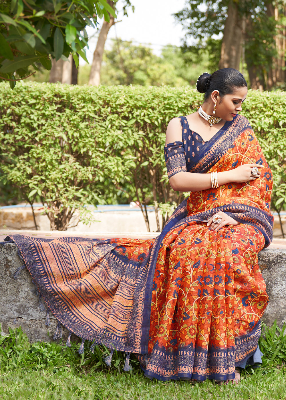 Jasper Orange Linen Kalamkari Digital Print Saree