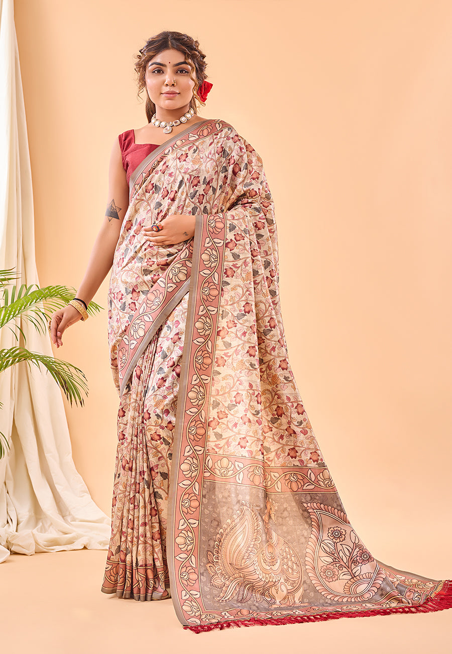 Matrix Cream Floral Kalamkari Printed Saree