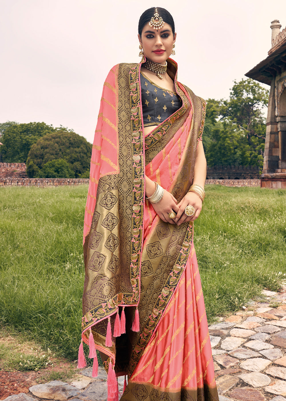 Apricot Pink and Blue Zari Woven Designer Banarasi Saree