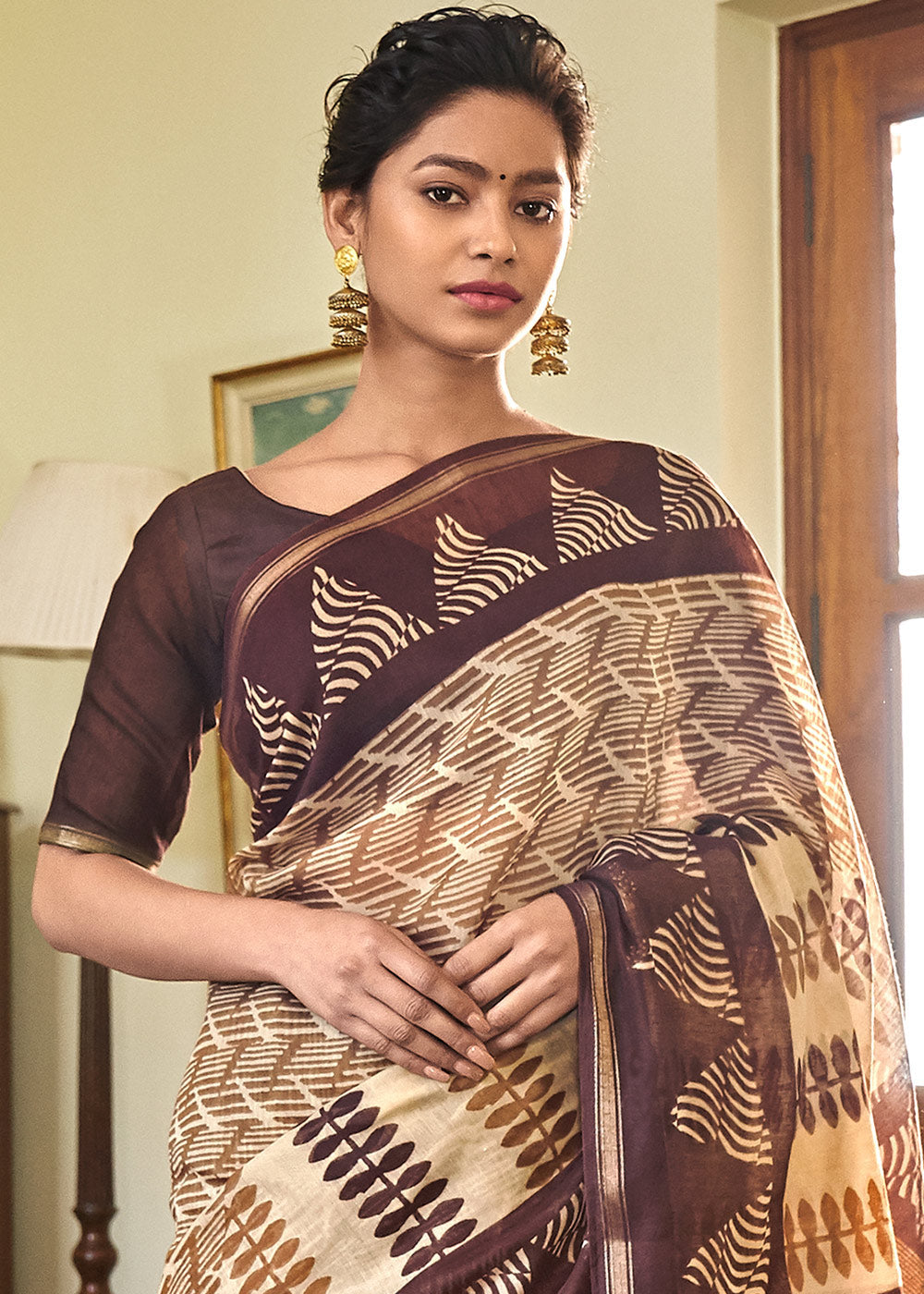 Toast Brown Cotton Linen Batik Printed Saree