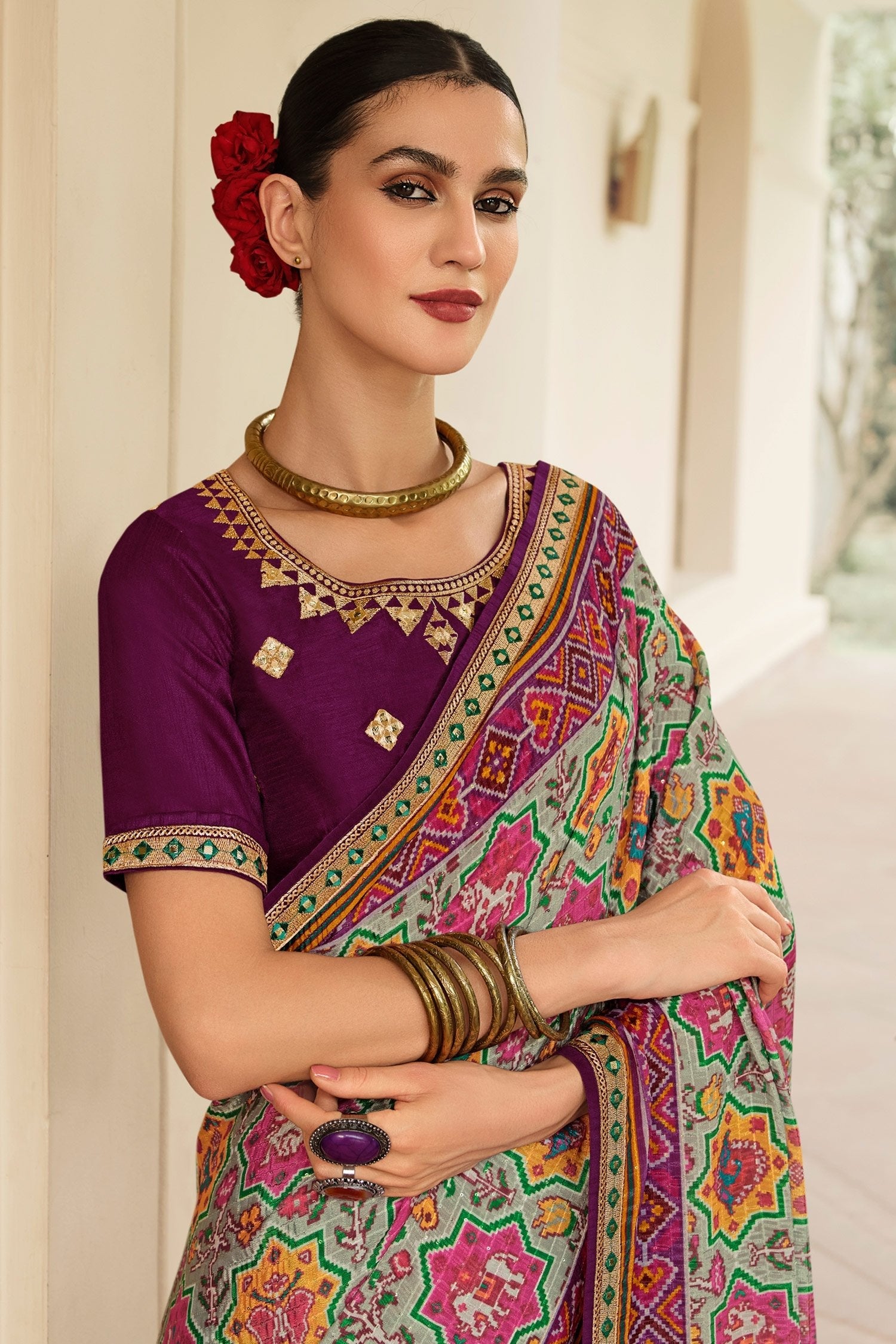 Russett Purple Patola Printed Saree