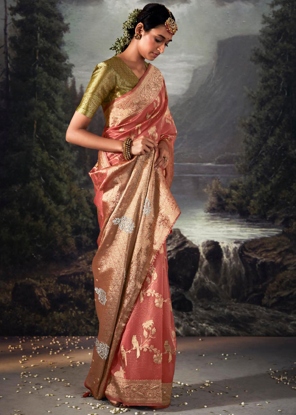 Chestnut Rose Pink Woven Banarasi Organza Silk Saree