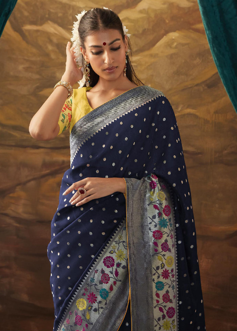 Steel Blue Woven Paithani Banarasi Soft Silk Saree