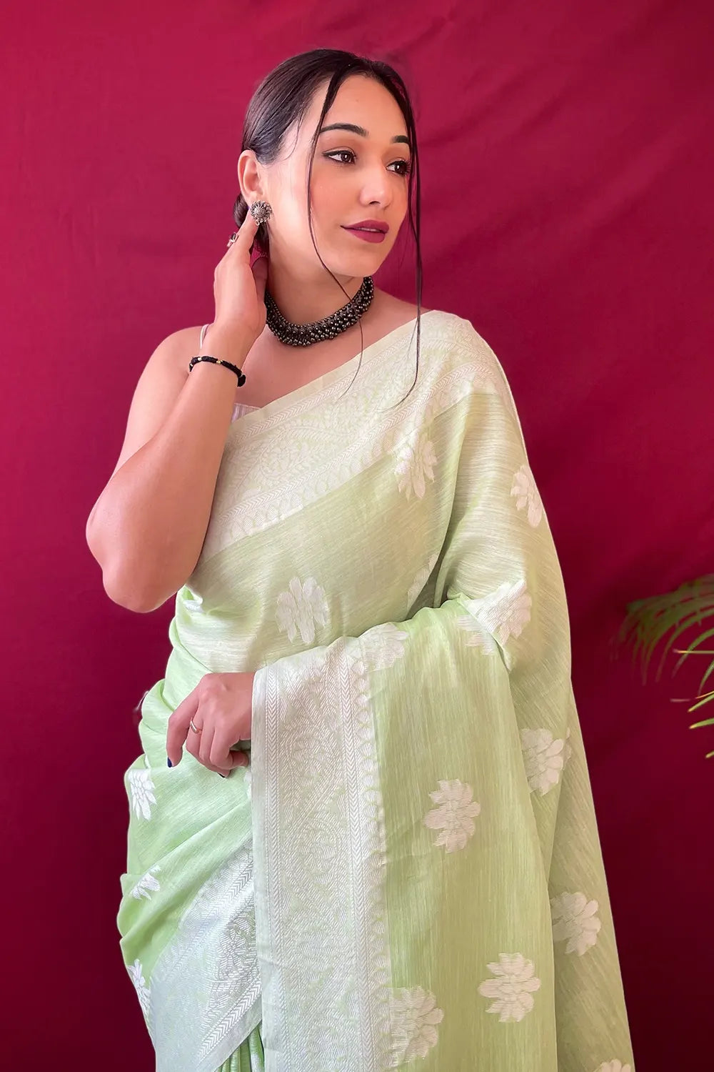 Sage Green Lucknowi Woven Linen Saree