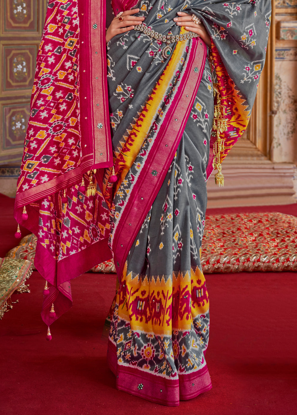 Nevada Grey and Pink Woven Patola Silk Saree