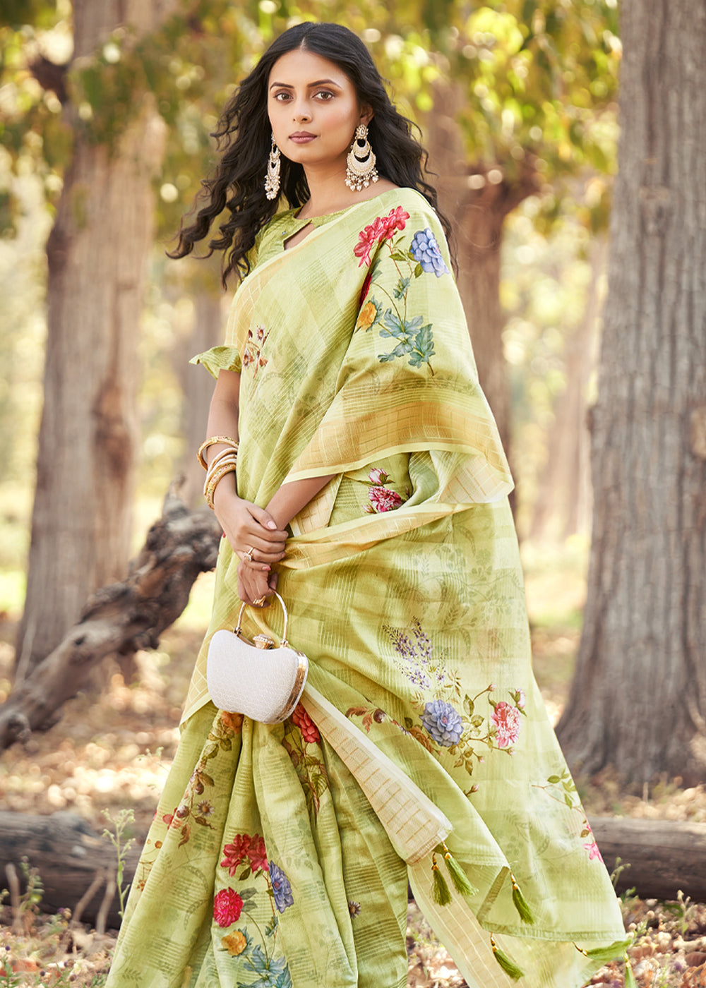 Gimblet Green Floral Printed Cotton Silk Saree