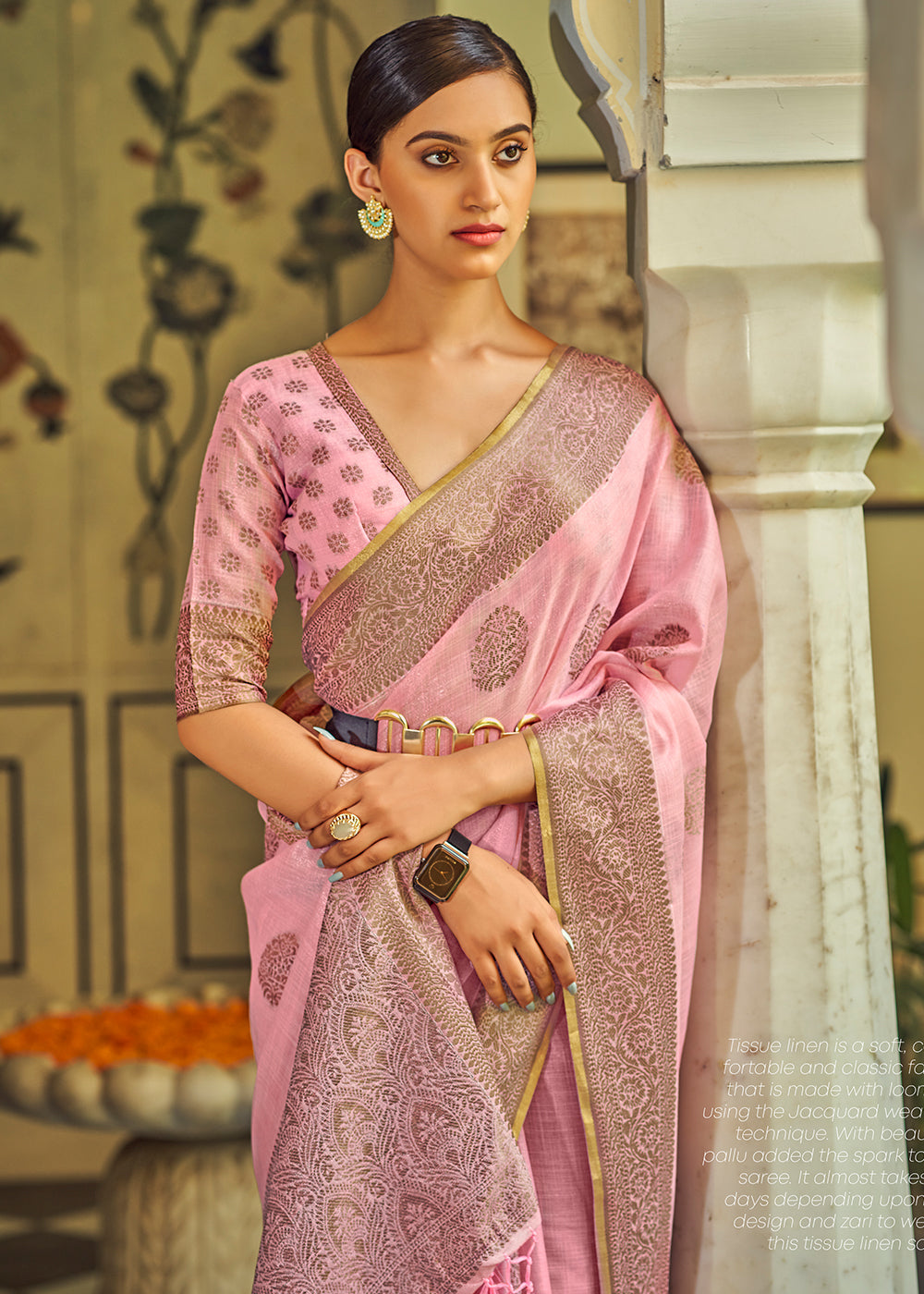 Shimmering Blush Pink Linen Silk Saree