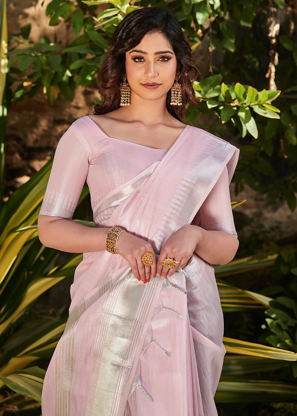 Oyster Pink Zari Woven Tissue Linen Saree