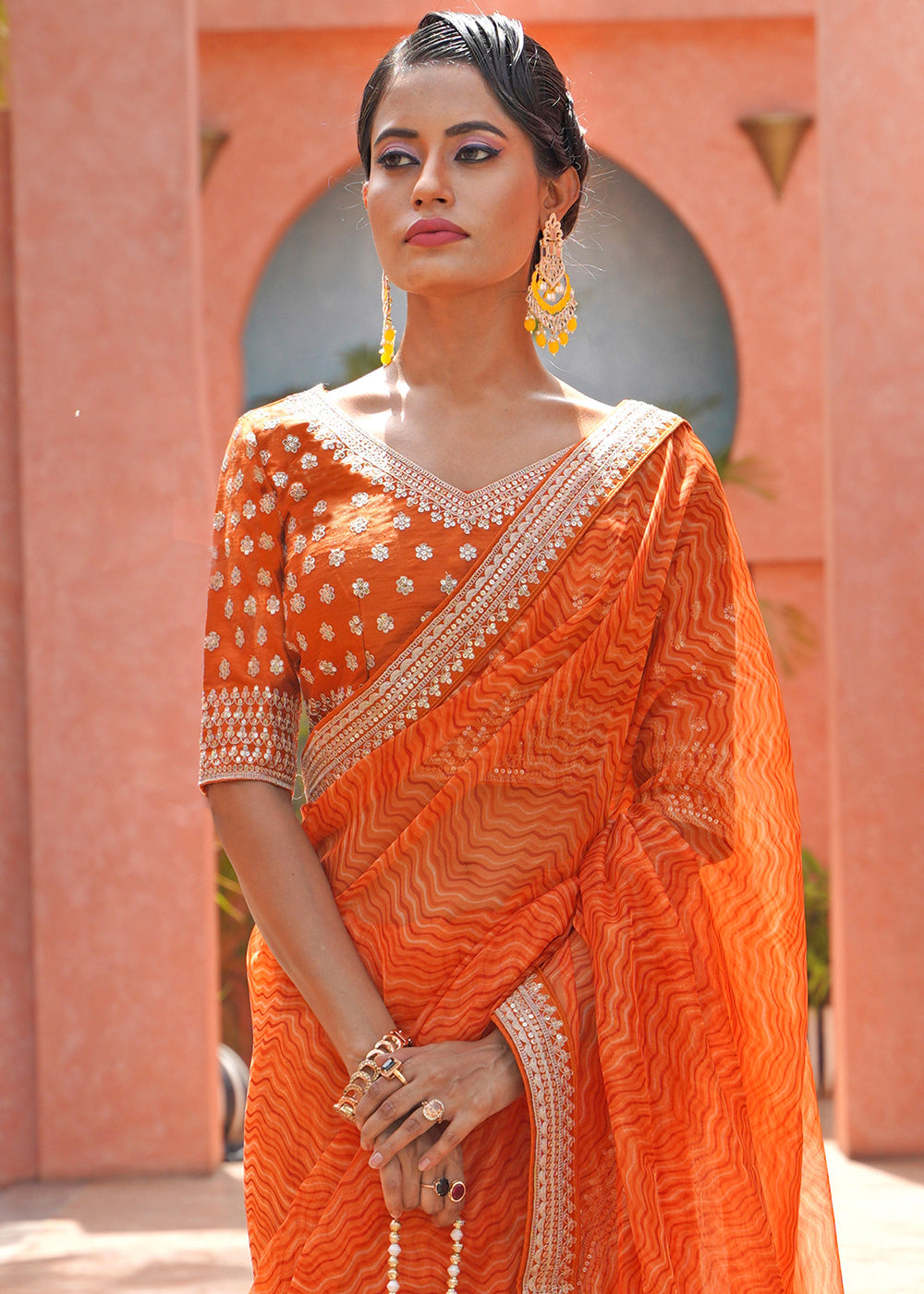 Coral Orange Lehriya Organza Saree With Embroidered Blouse