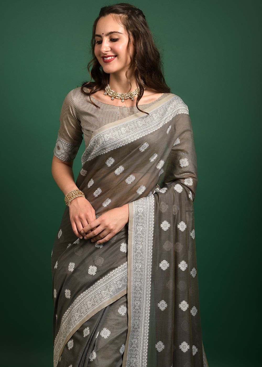 Coffee Grey Chikankari Chanderi Cotton Woven Saree