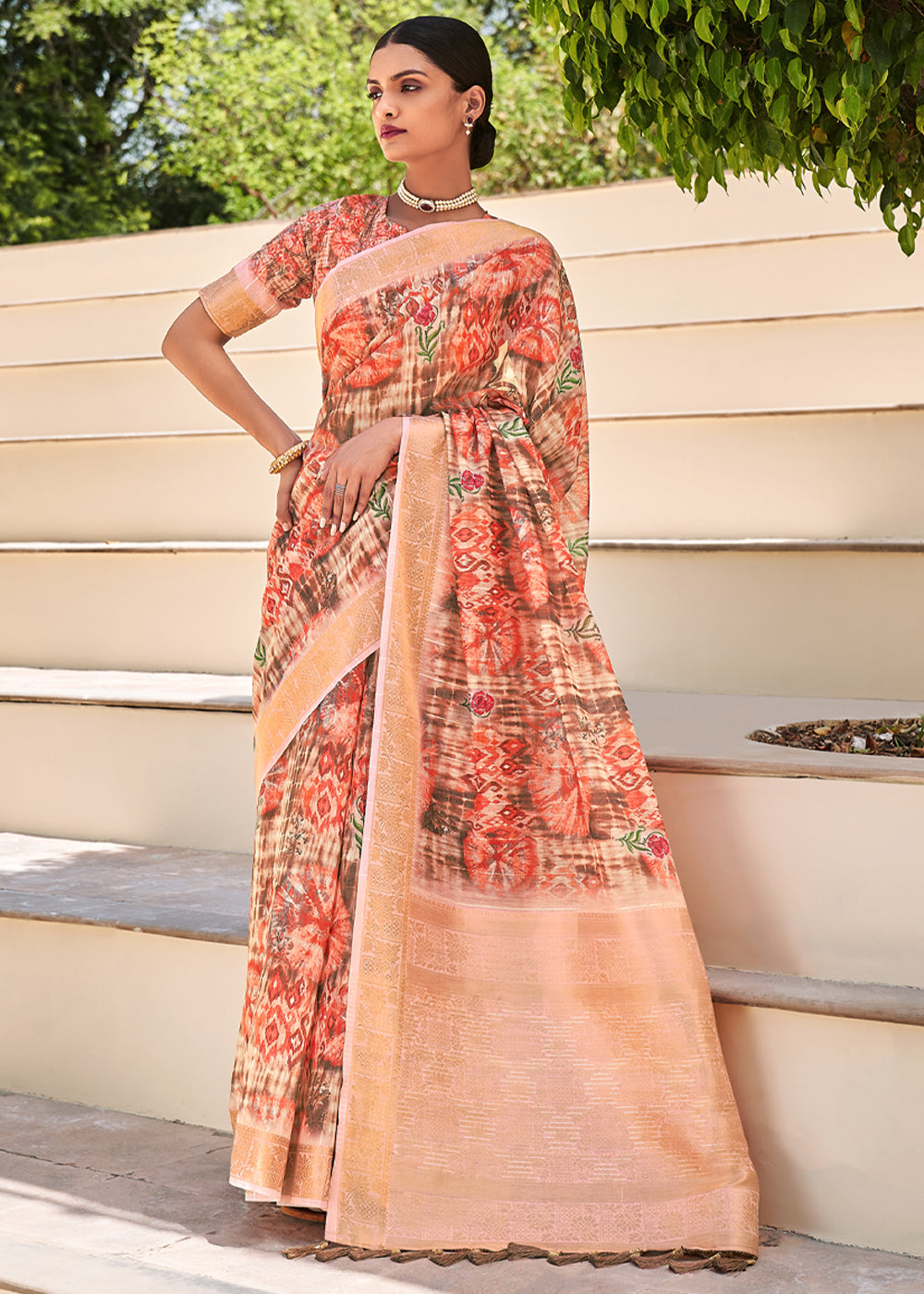 Tacao Peach Digital Print Linen Saree