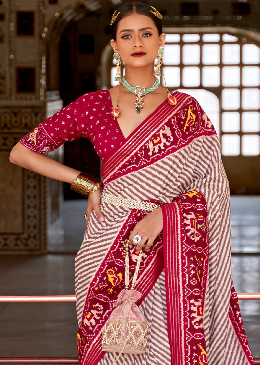 Eunry White and Pink Cotton Patola Printed Saree