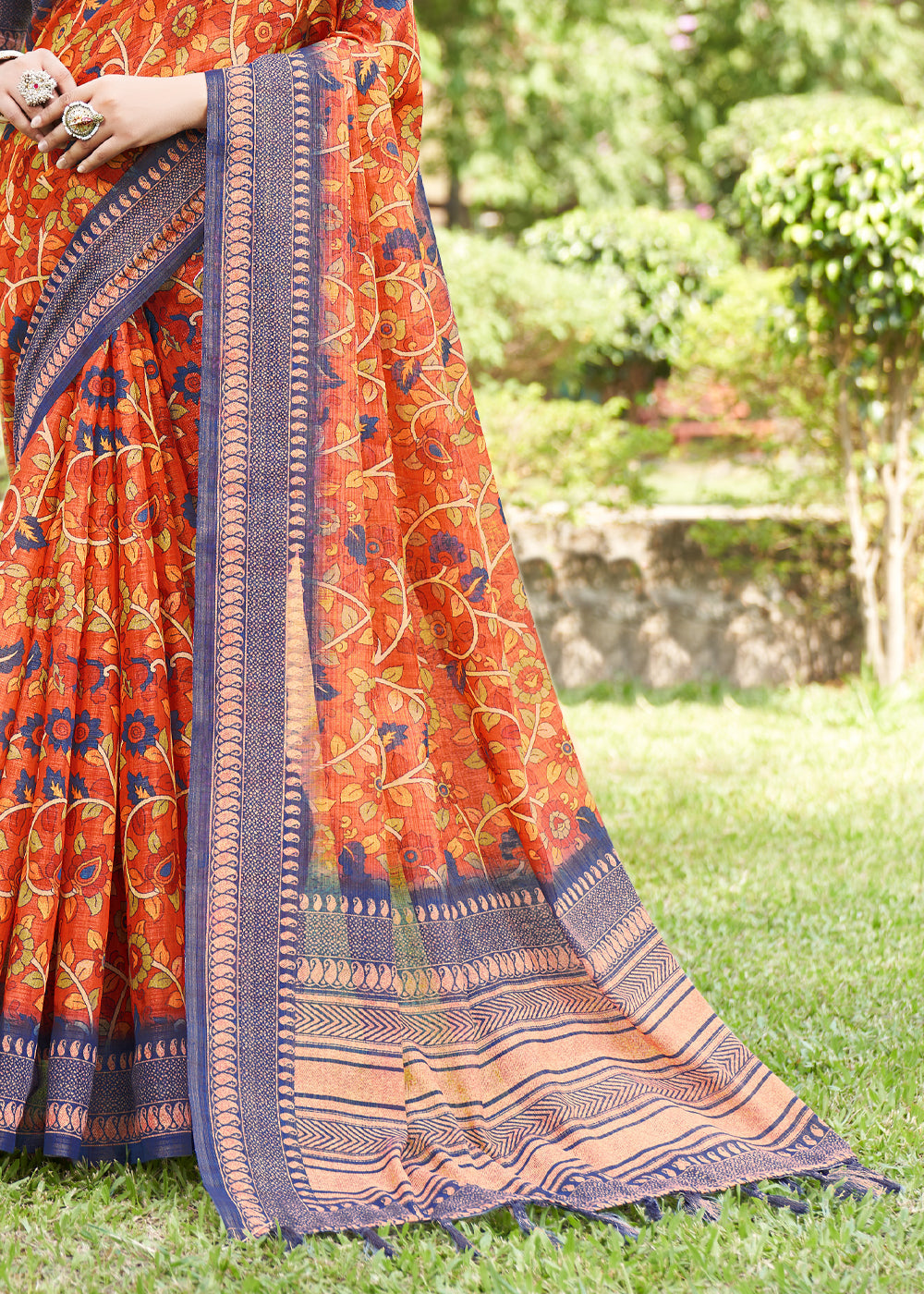 Jasper Orange Linen Kalamkari Digital Print Saree