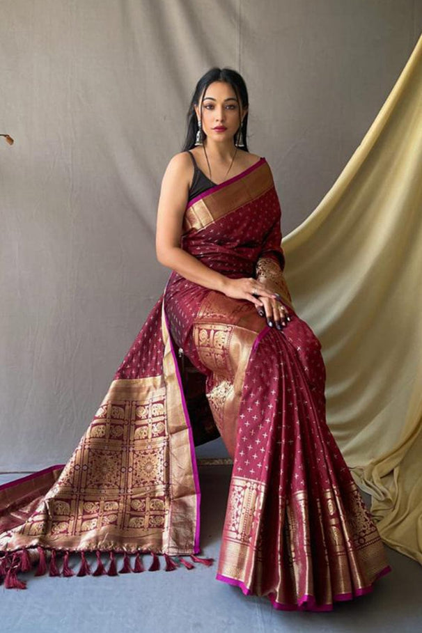 Aubergine Maroon Zari Woven Kanjivaram Silk Saree