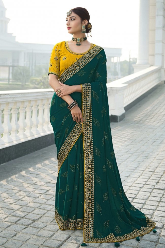 Gable Green and Yellow Chiffon Stone Work Saree