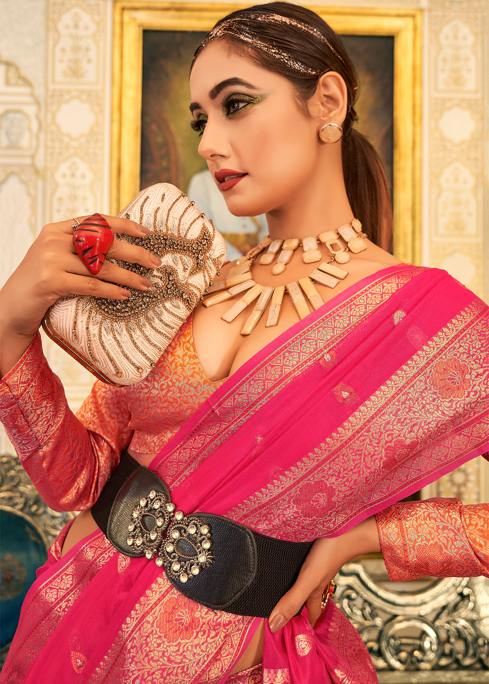 Wild Watermelon Pink Woven Banarasi Organza Silk Saree