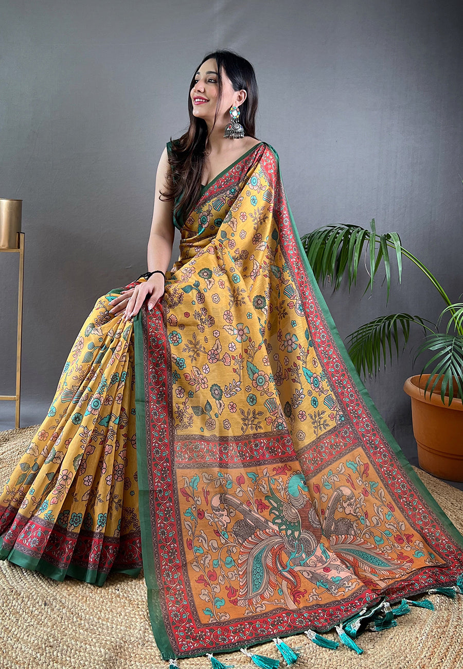 Tussock Yellow Cotton Kalamkari Printed Saree