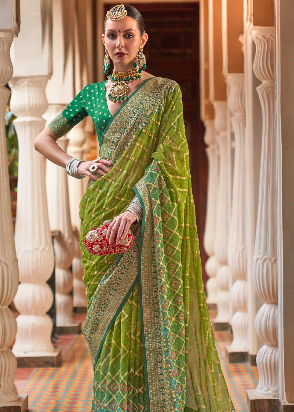 Trendy Green Lehariya Georgette Silk Saree