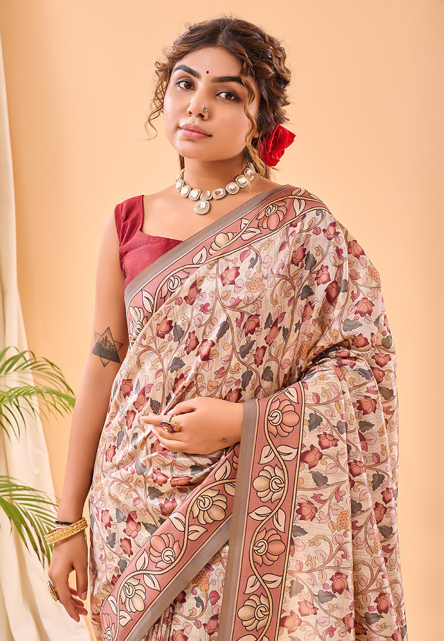 Matrix Cream Floral Kalamkari Printed Saree