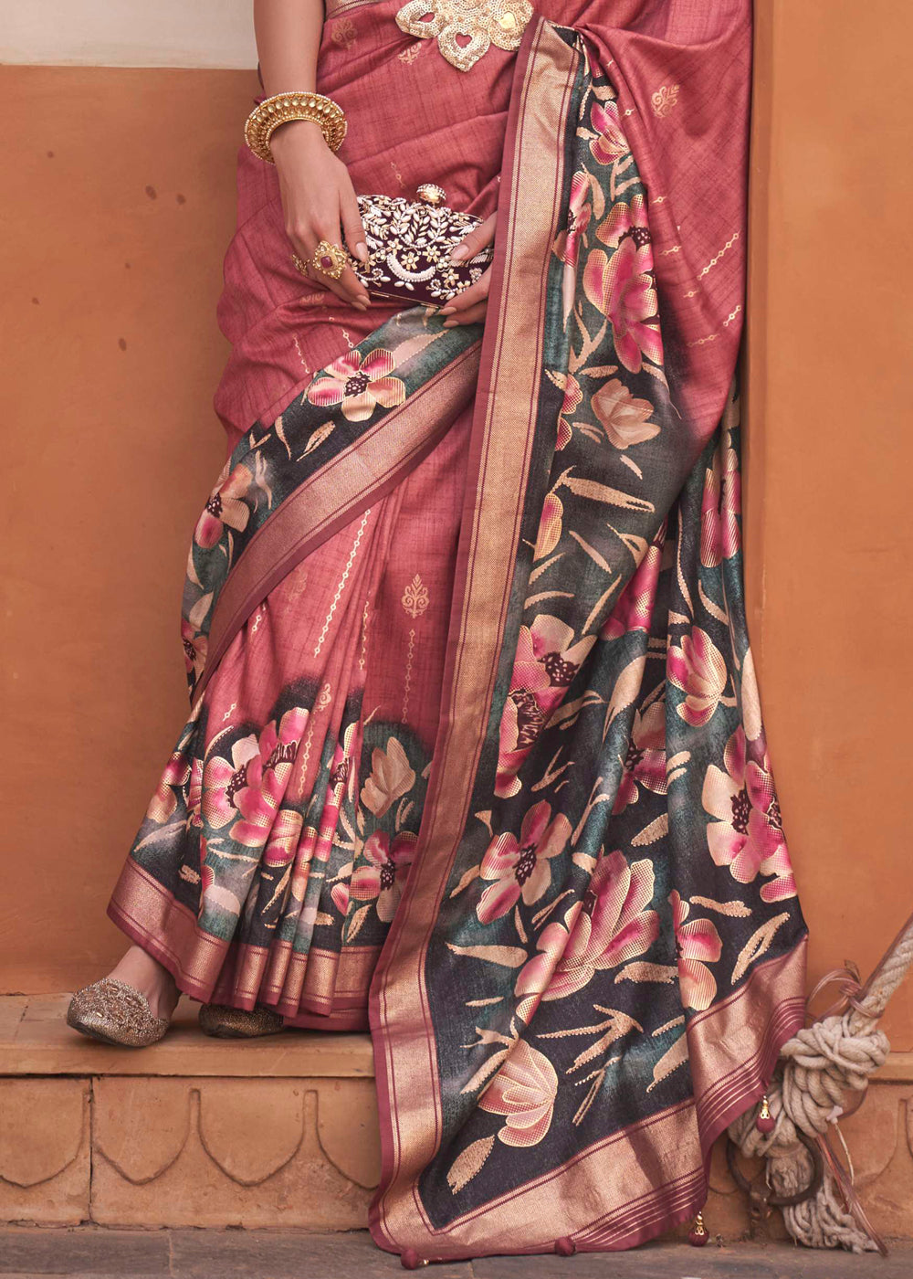 Fuzzy Wuzzy Brown Soft Floral Printed Silk Saree