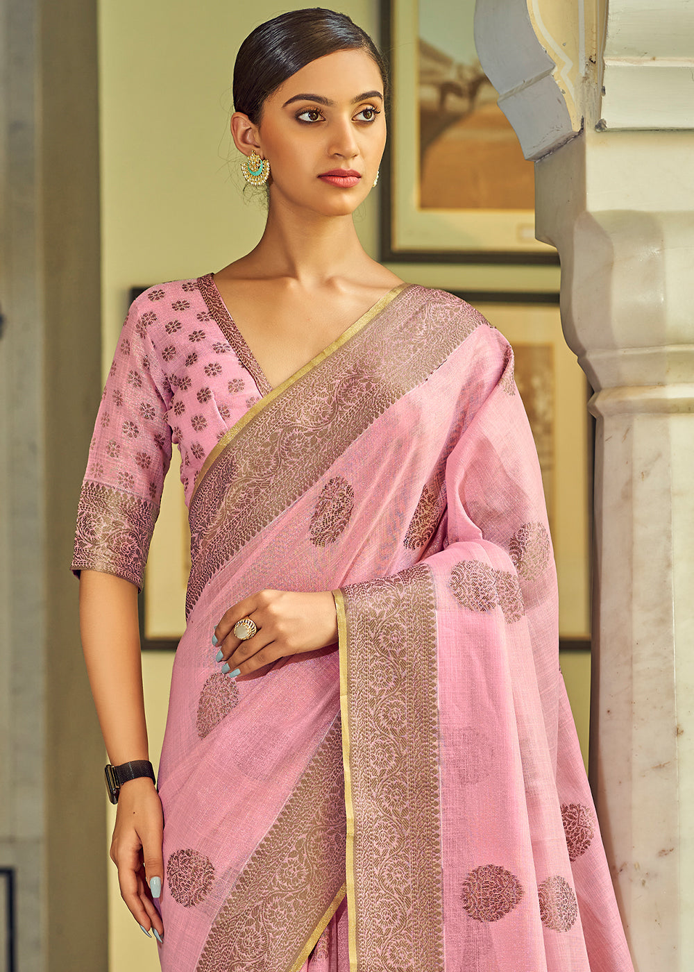 Shimmering Blush Pink Linen Silk Saree