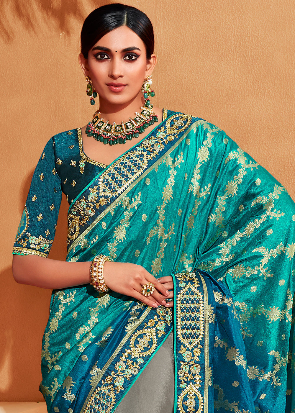 Gossamer Blue Embroidered Banarasi Silk Saree