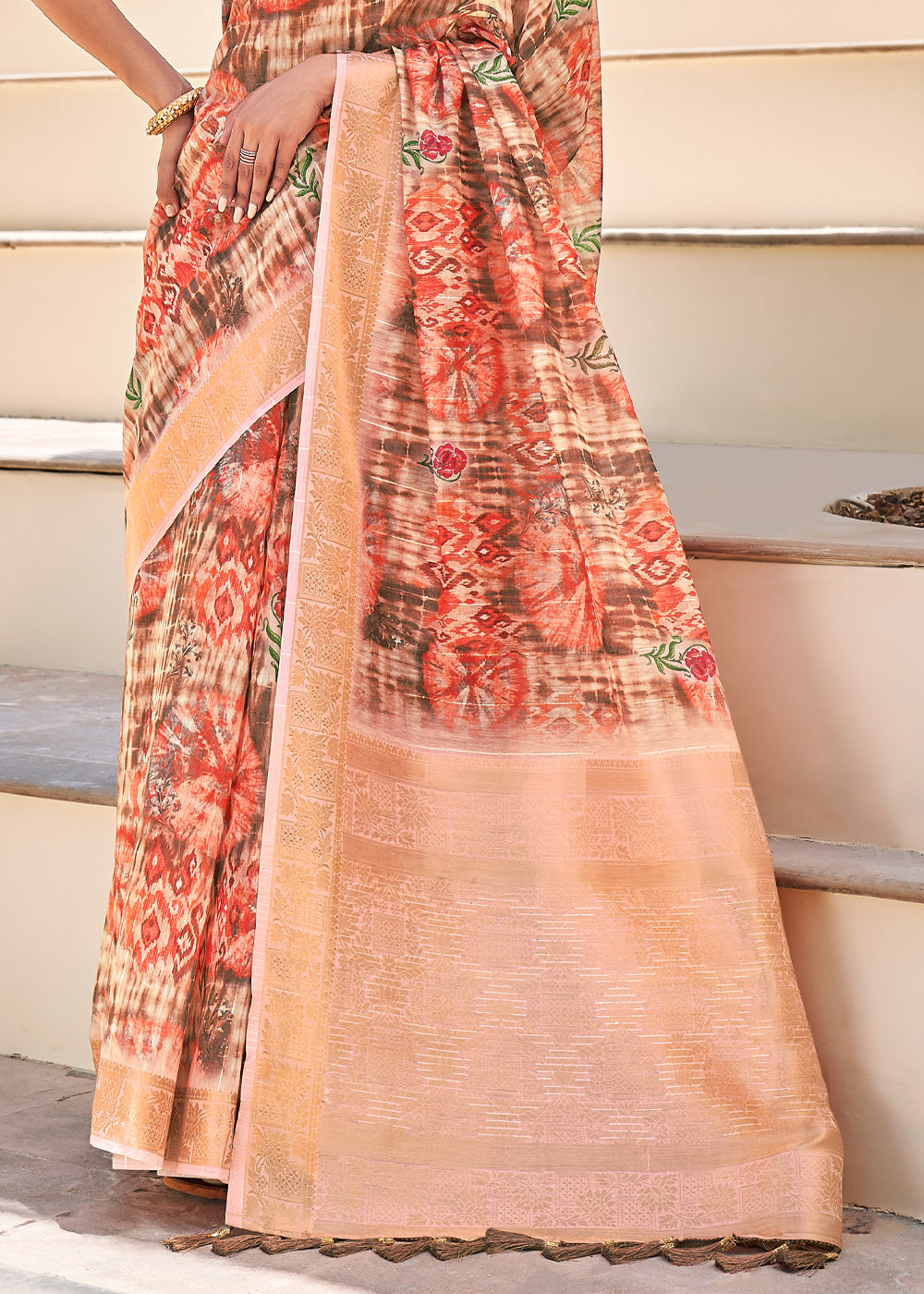 Tacao Peach Digital Print Linen Saree