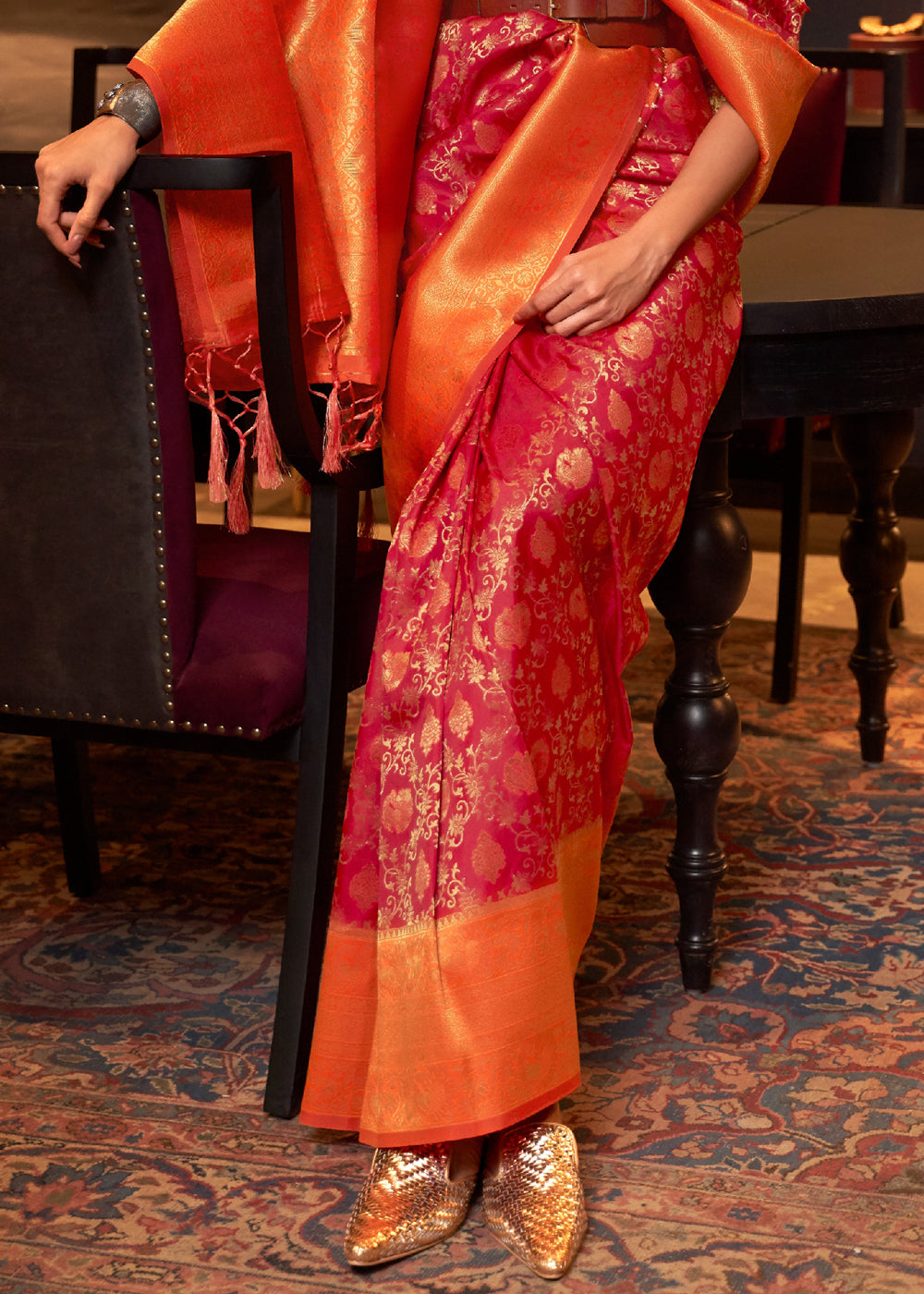 Brick Red Woven Banarasi Soft Silk Saree