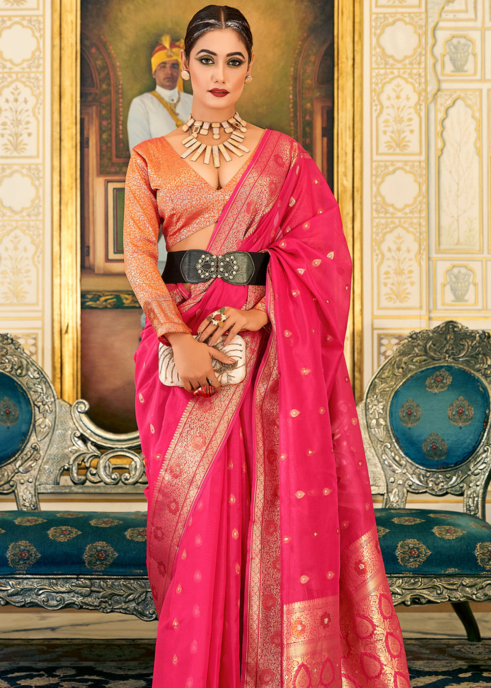 Wild Watermelon Pink Woven Banarasi Organza Silk Saree