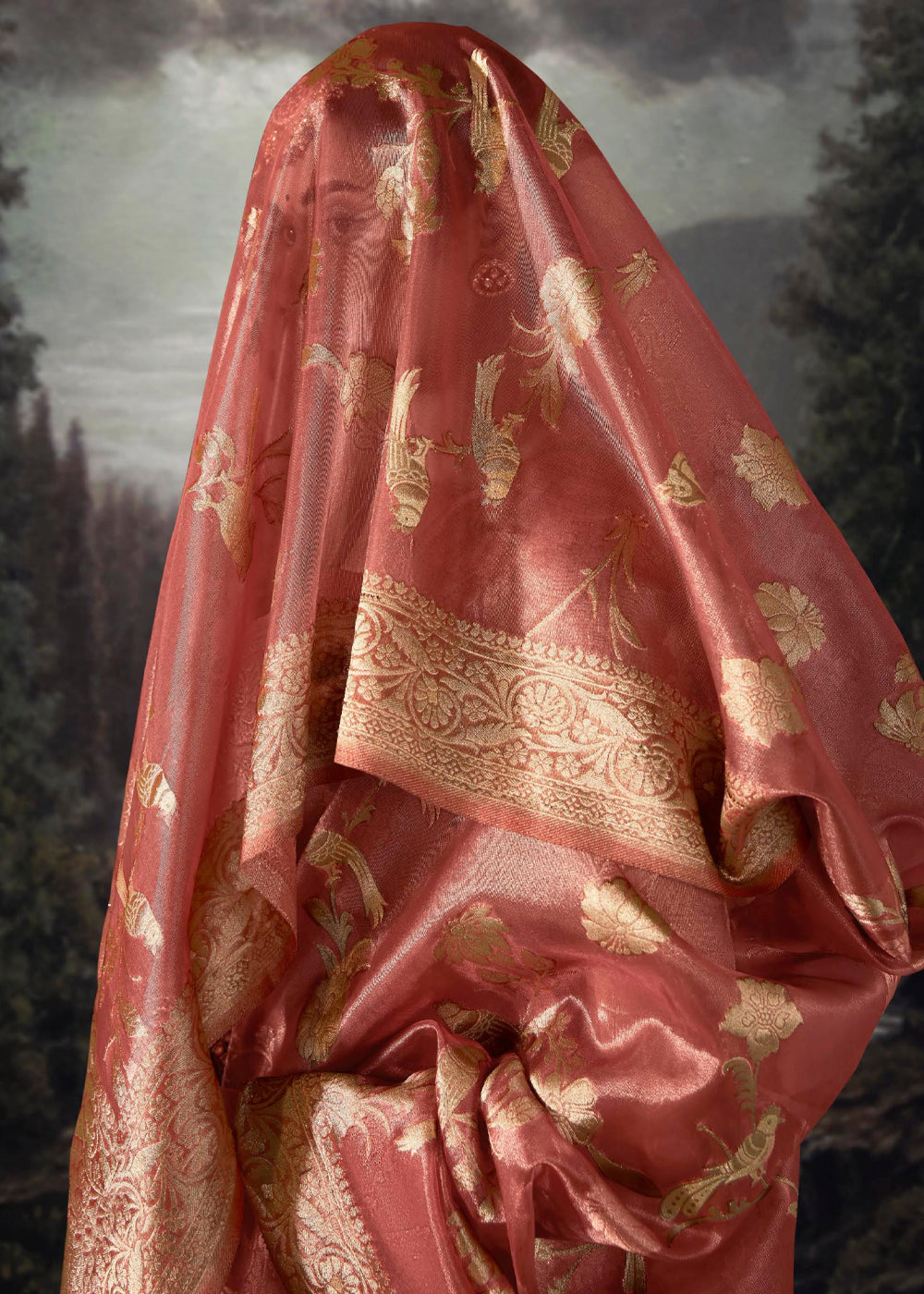 Chestnut Rose Pink Woven Banarasi Organza Silk Saree