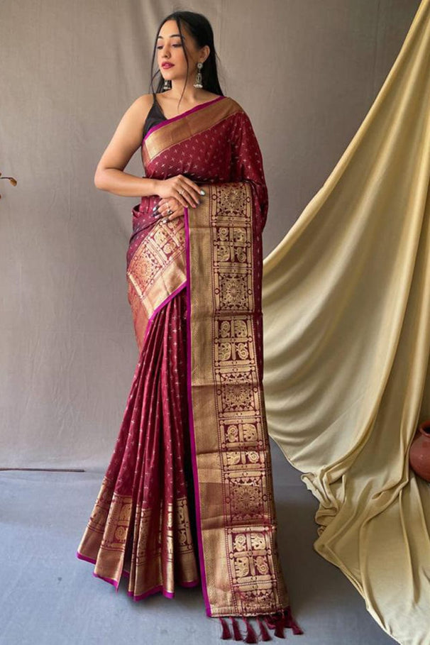 Aubergine Maroon Zari Woven Kanjivaram Silk Saree