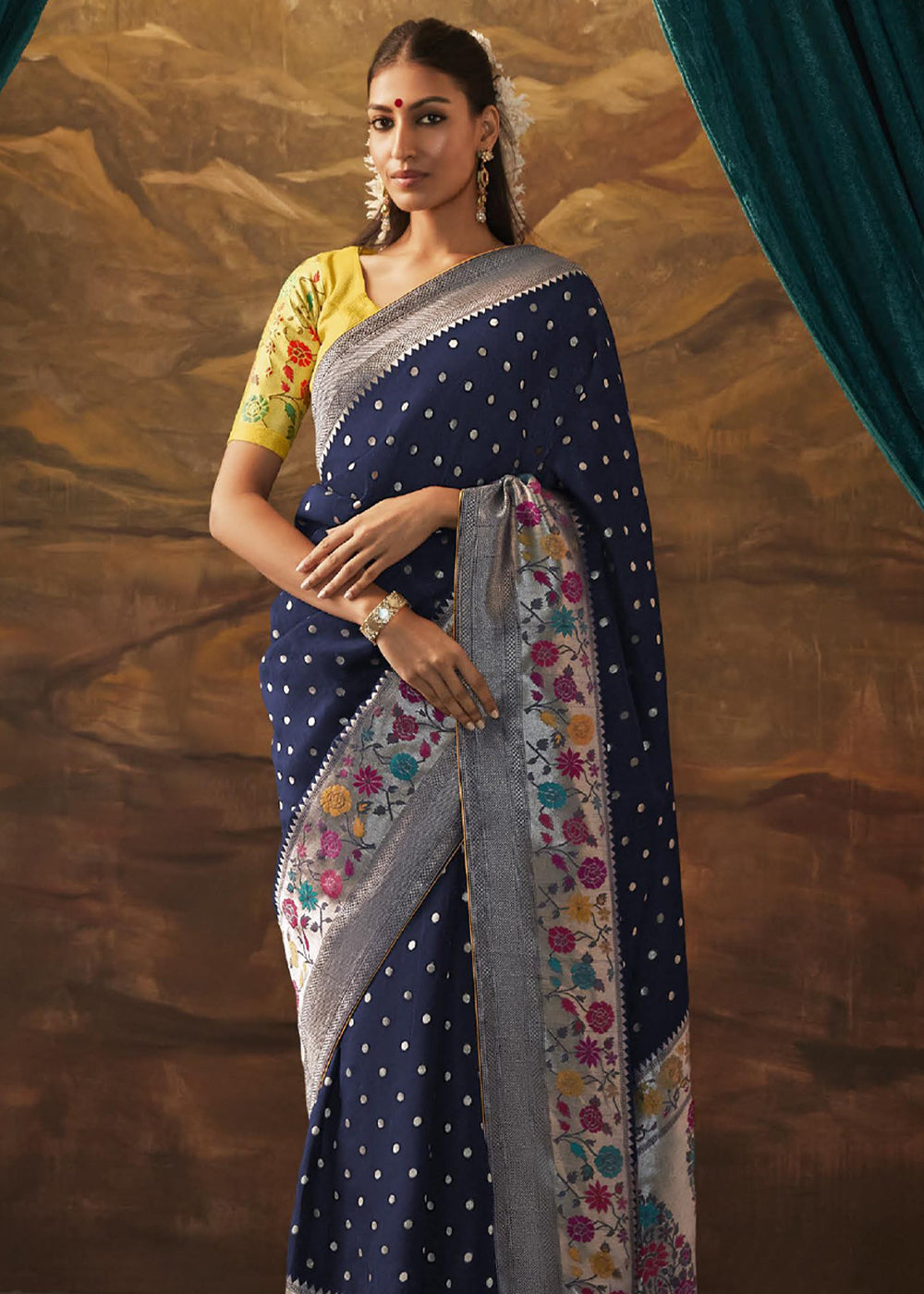 Steel Blue Woven Paithani Banarasi Soft Silk Saree