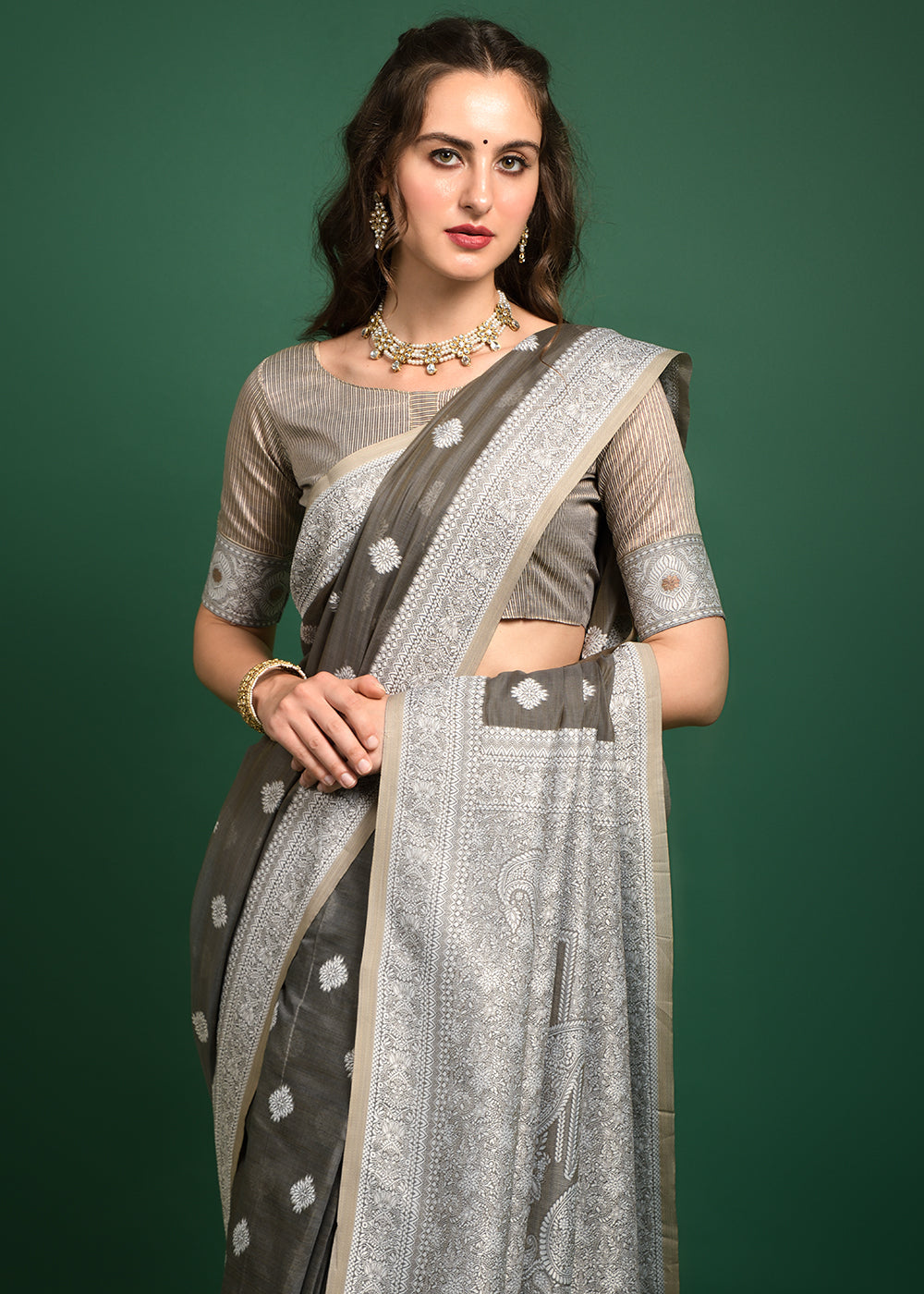 Coffee Grey Chikankari Chanderi Cotton Woven Saree