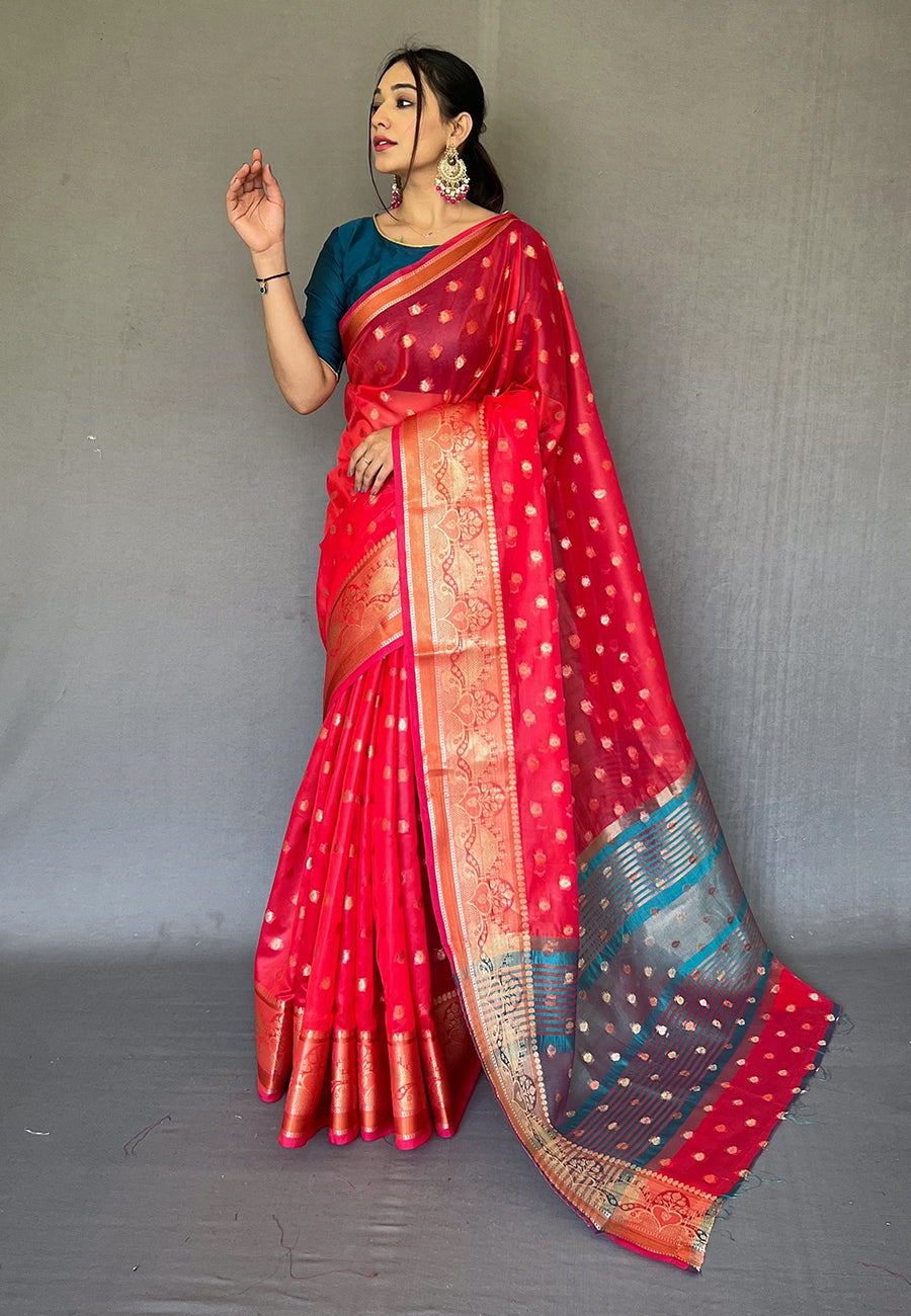 Shiraz Red Zari Woven Organza Silk Saree