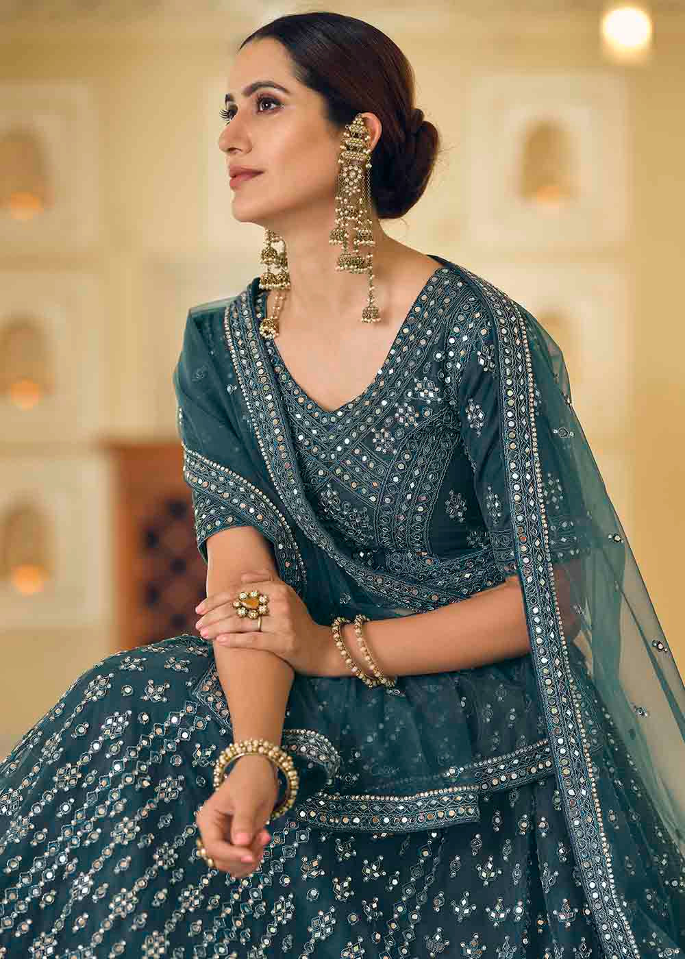 Limed Spruce Blue Soft Net Lehenga Choli