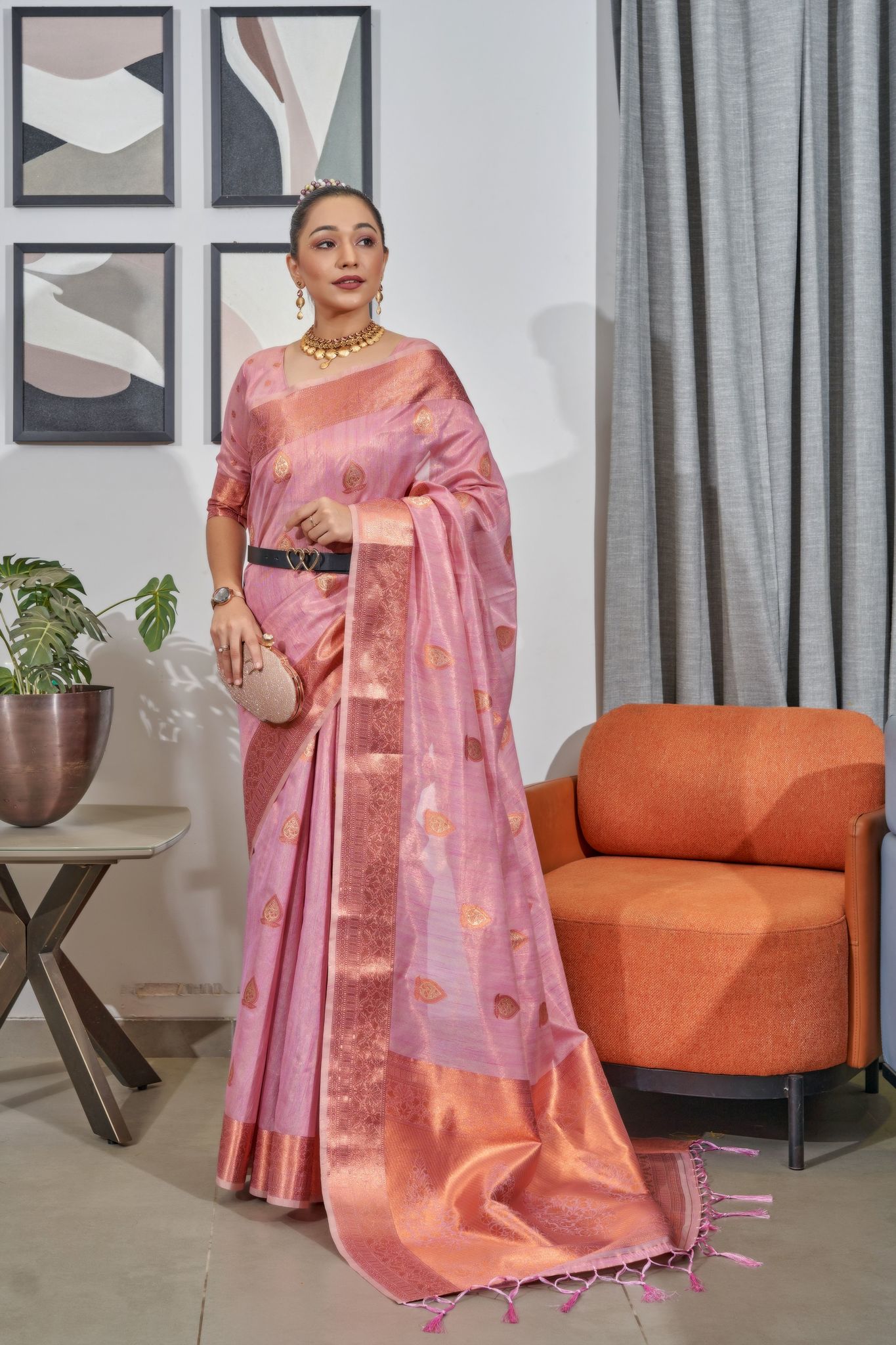 Beauty Bush Pink Woven Organza Tissue Silk Saree