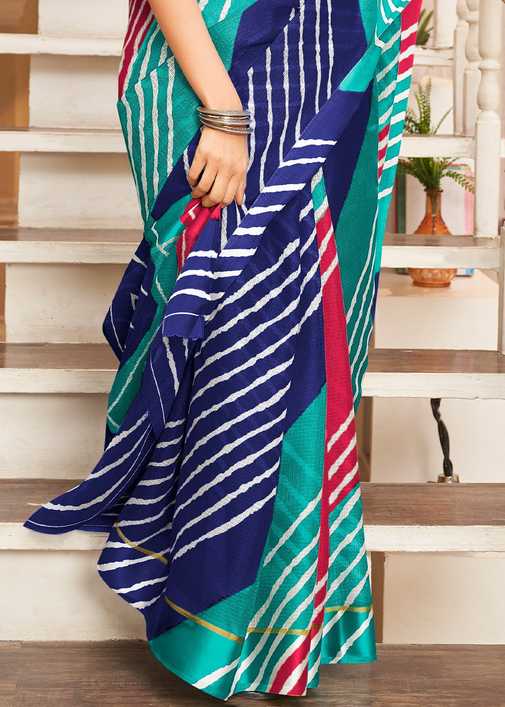 Fiord Blue and Pink Cotton Saree With Lehriya Print