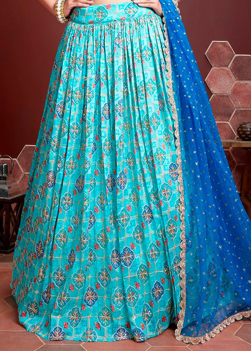 Moonstone Blue Bandhani Printed Chinon Silk Lehenga Choli