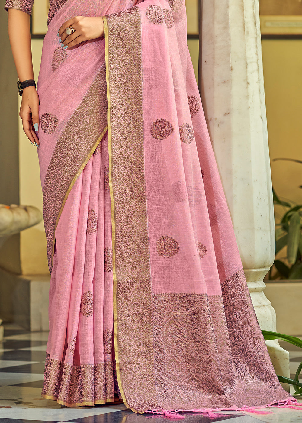 Shimmering Blush Pink Linen Silk Saree