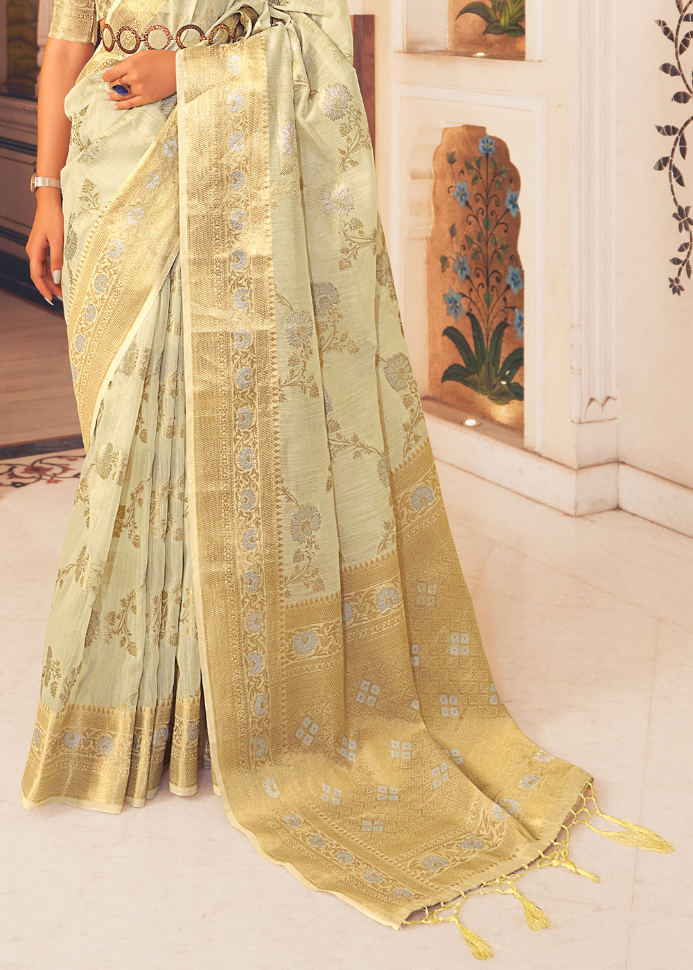 Pine Glade Zari Woven Linen Silk Saree