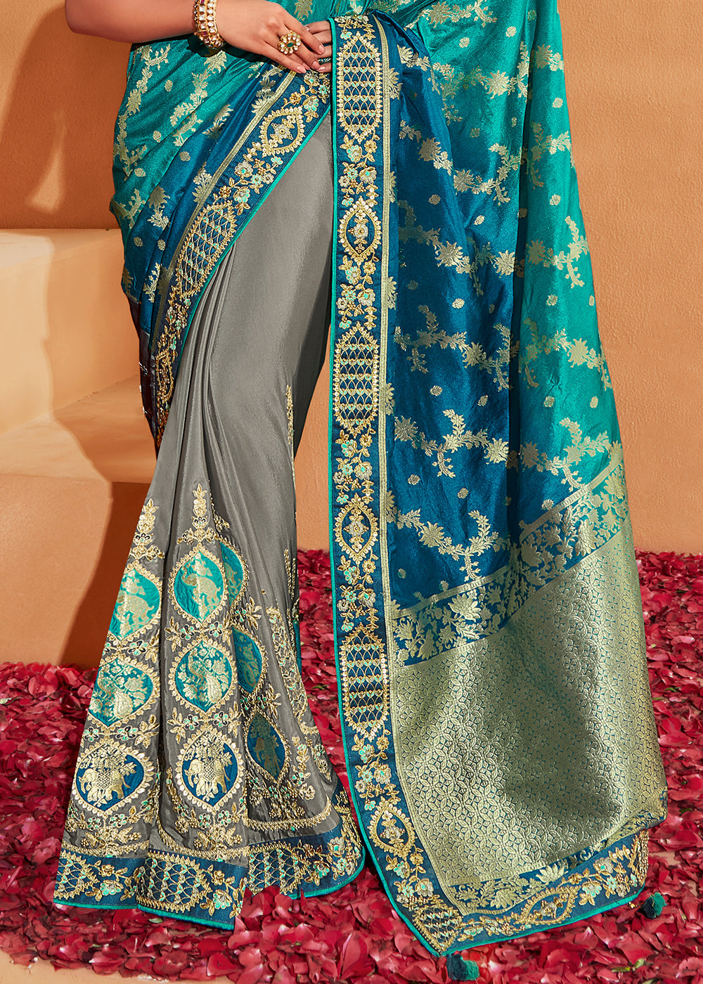 Gossamer Blue Embroidered Banarasi Silk Saree