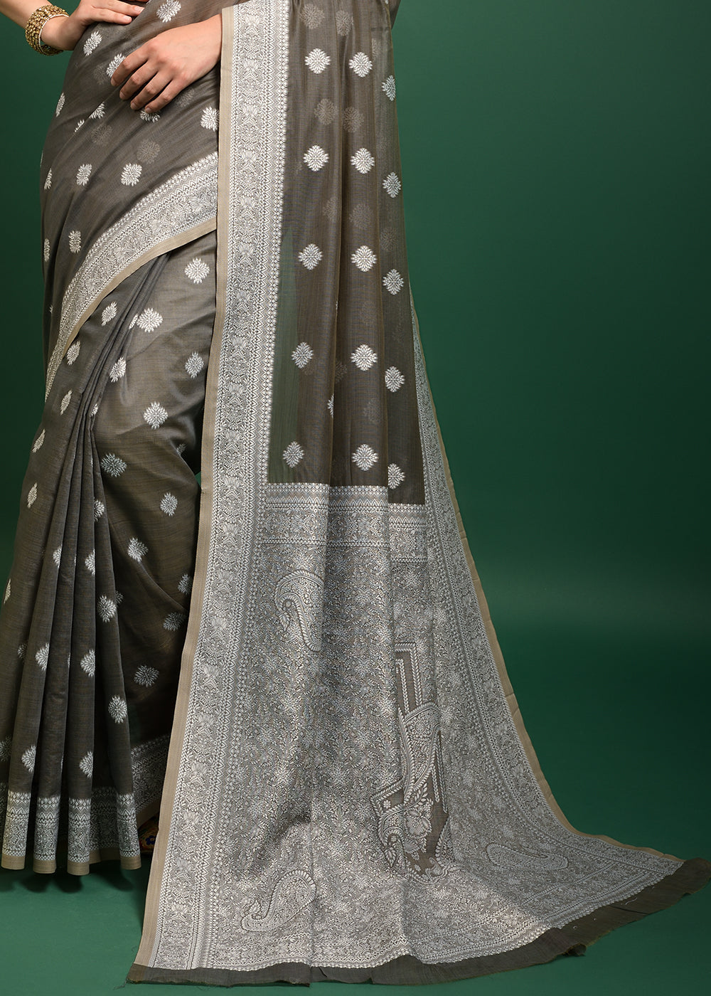 Coffee Grey Chikankari Chanderi Cotton Woven Saree