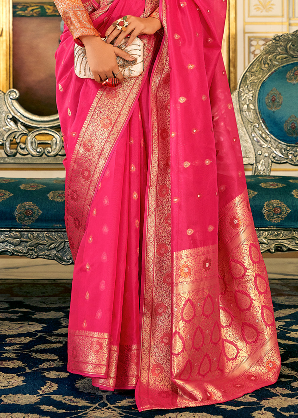 Wild Watermelon Pink Woven Banarasi Organza Silk Saree