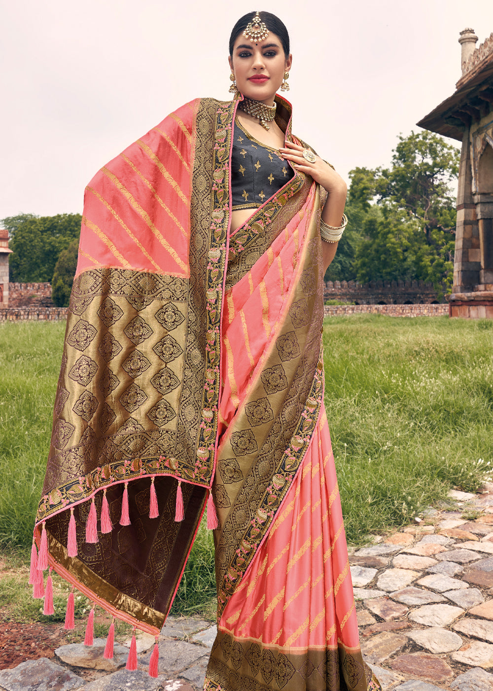 Apricot Pink and Blue Zari Woven Designer Banarasi Saree