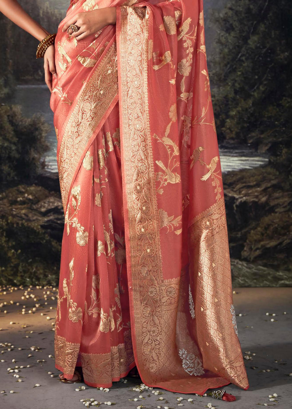 Chestnut Rose Pink Woven Banarasi Organza Silk Saree