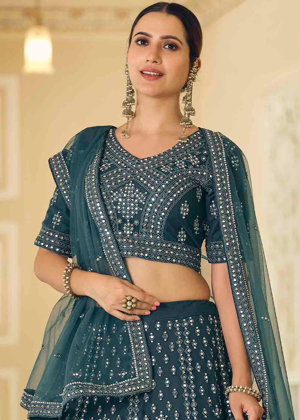 Limed Spruce Blue Soft Net Lehenga Choli