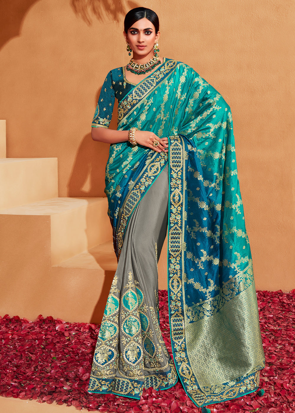 Gossamer Blue Embroidered Banarasi Silk Saree