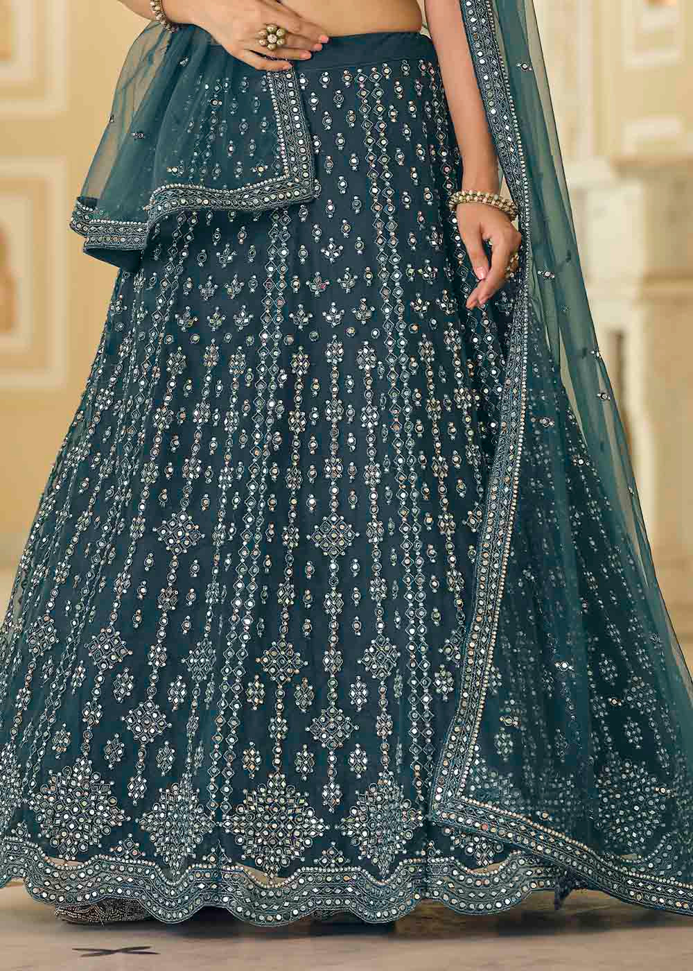 Limed Spruce Blue Soft Net Lehenga Choli