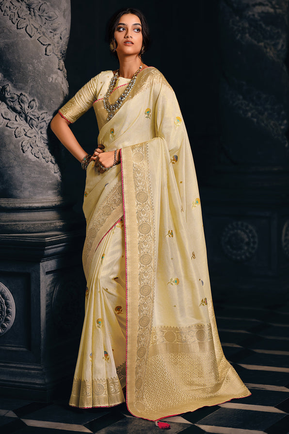 Akaroa Cream Zari Woven Banarasi Saree