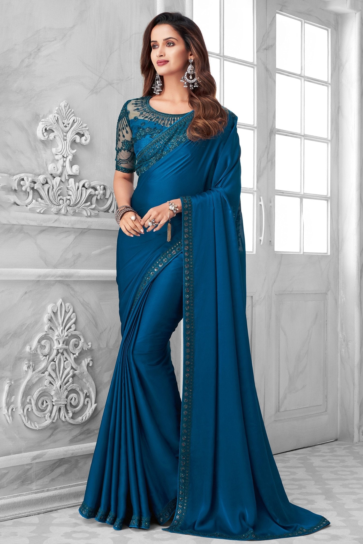 Astronaut Blue Designer Satin Silk Saree